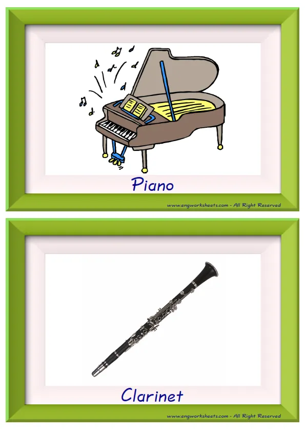 Half page ESL Flashcard together with words containing Musical Instruments picture for kids and teachers.