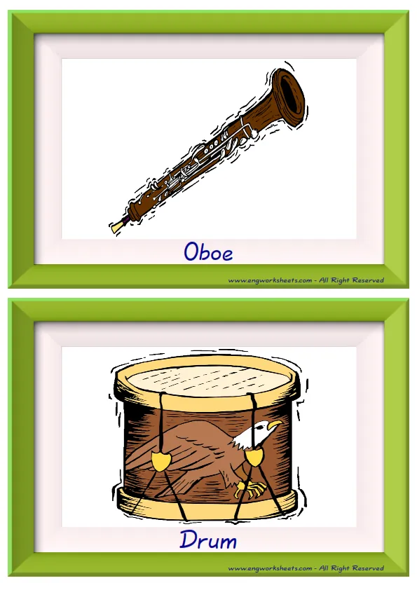 Half page ESL Flashcard together with words containing Musical Instruments picture for kids and teachers.