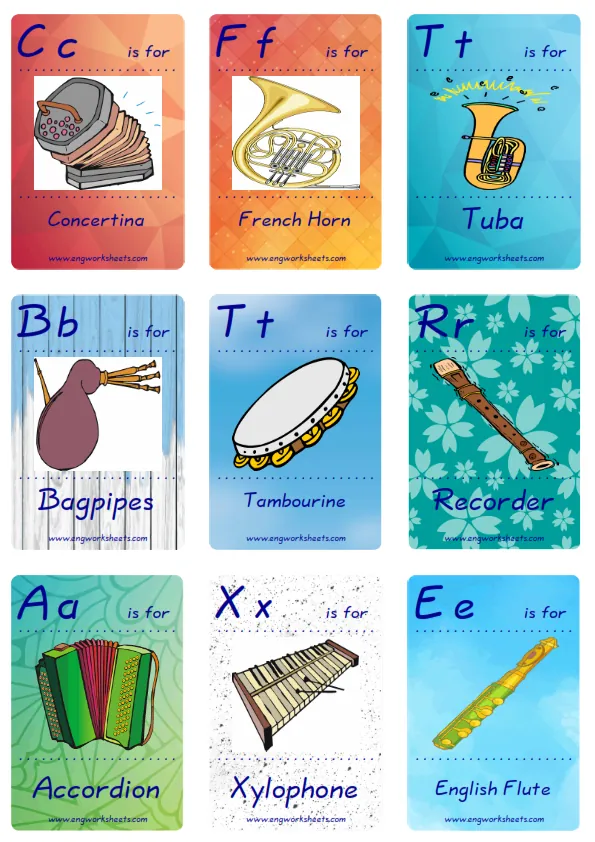 Mini size ESL Flashcard Musical Instruments for kids and teachers.