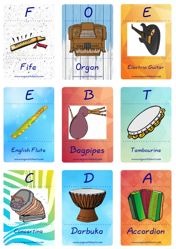 Mini size enjoyable ESL Flashcard Musical Instruments for kids and teachers.