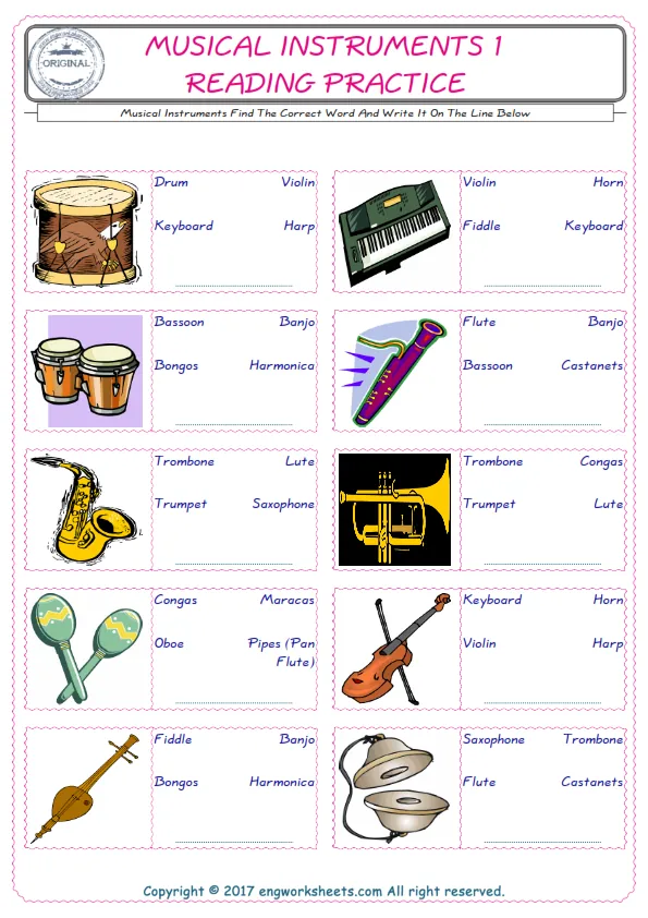 Check the picture of the Musical Instruments for kids ESL worksheet for supplying the correct one among three words into the blank place.