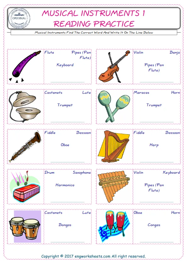 Check the picture of the Musical Instruments for kids ESL worksheet for supplying the correct one among four words into the blank place.