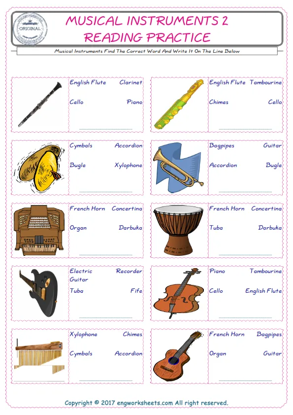 Check the picture of the Musical Instruments for kids ESL worksheet for supplying the correct one among three words into the blank place.