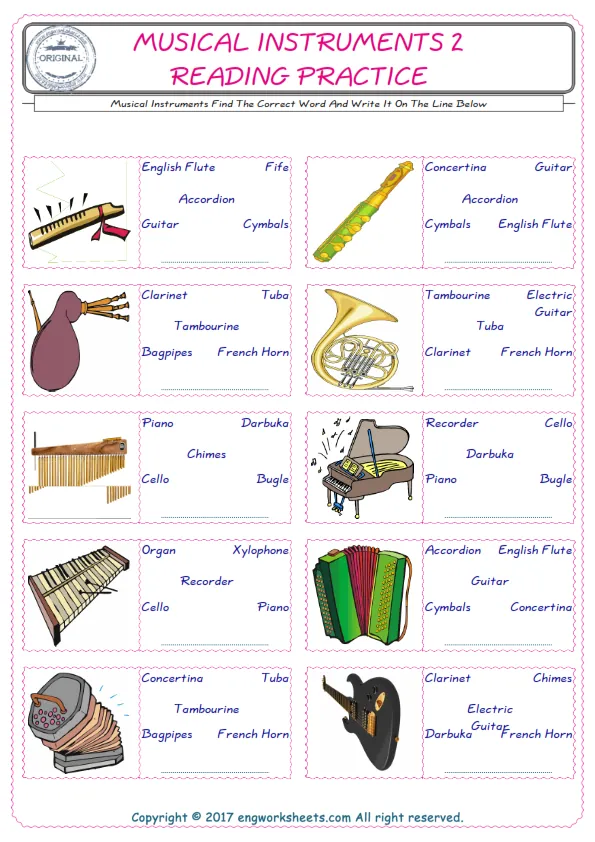 Check the picture of the Musical Instruments for kids ESL worksheet for supplying the correct one among five words into the blank place.