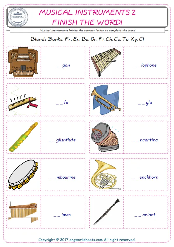 For kids, the Musical Instruments English worksheet for supplying into the correct blank place given letters special to the Musical Instruments Words.