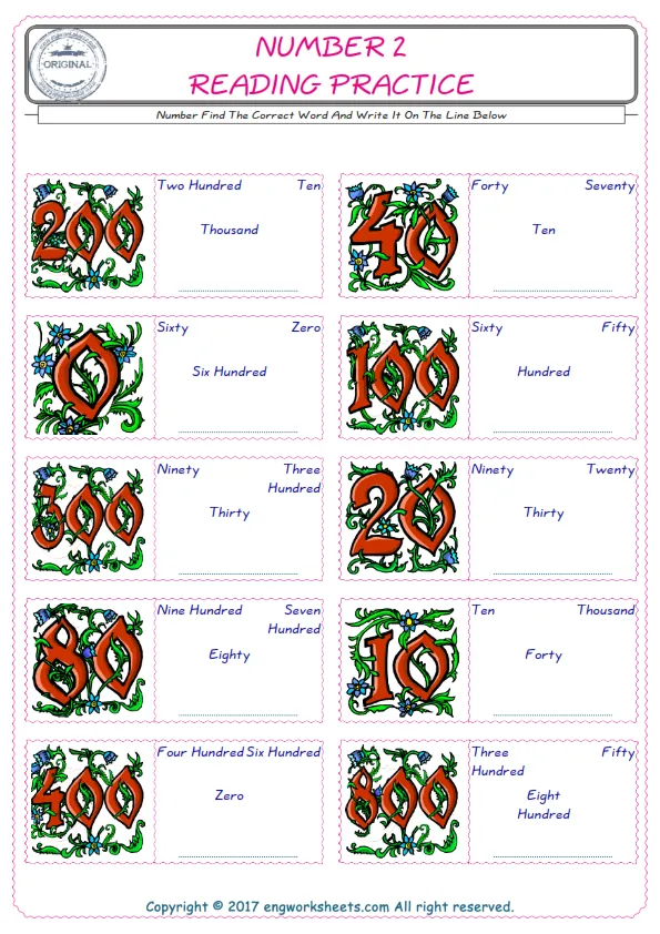 Check the picture of the Number for kids ESL worksheet for supplying the correct one among four words into the blank place.