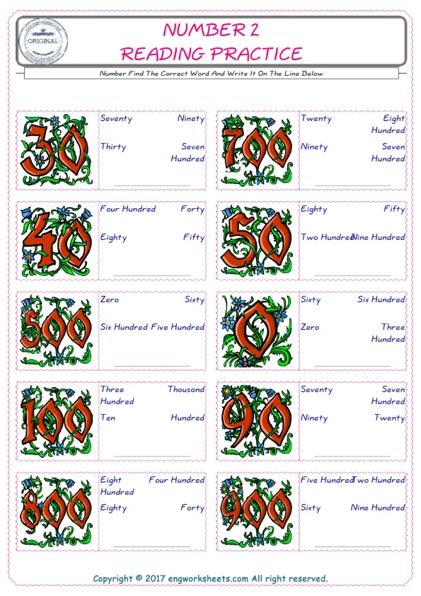 Check the picture of the Number for kids ESL worksheet for supplying the correct one among three words into the blank place.