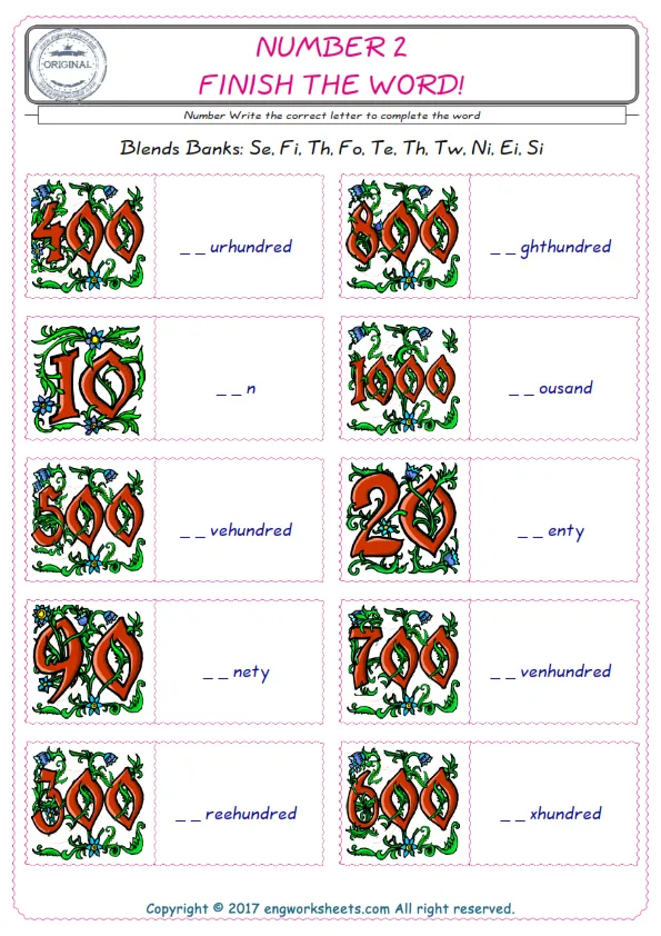 For kids, the Number English worksheet for supplying into the correct blank place given letters special to the Number Words.