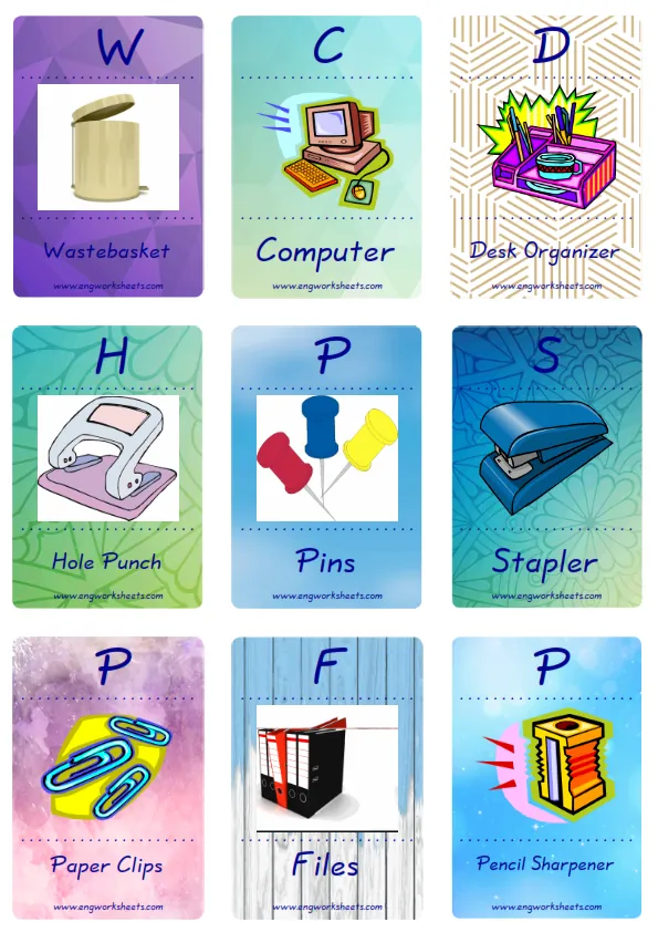 Mini size enjoyable ESL Flashcard Office for kids and teachers.