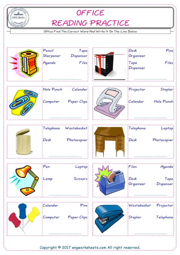 Check the picture of the Office for kids ESL worksheet for supplying the correct one among three words into the blank place.