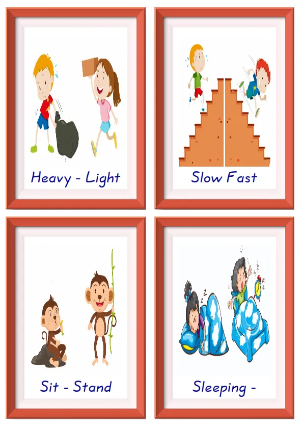 Quarter page ESL Flashcard together with words containing Opposites picture for kids and teachers.