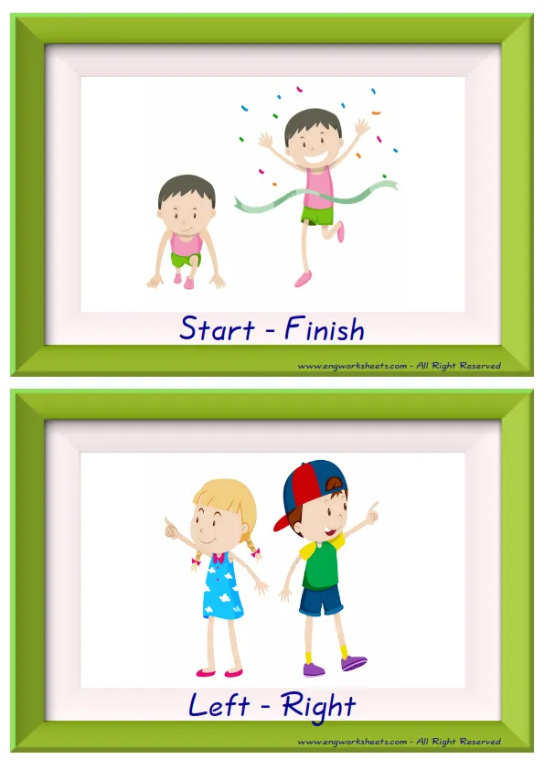 Half page ESL Flashcard together with words containing Opposites picture for kids and teachers.