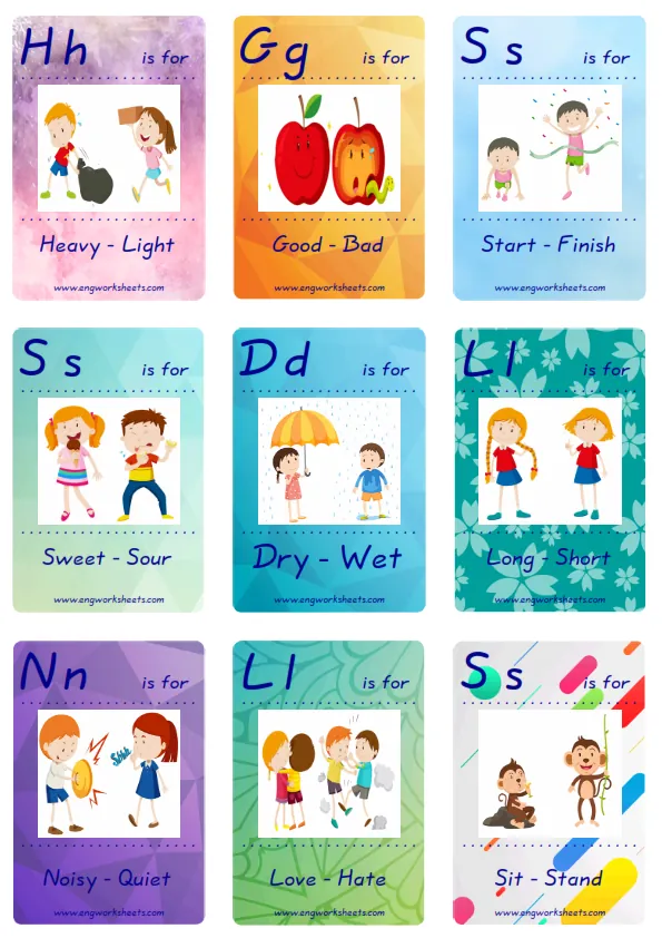 Mini size ESL Flashcard Opposites for kids and teachers.