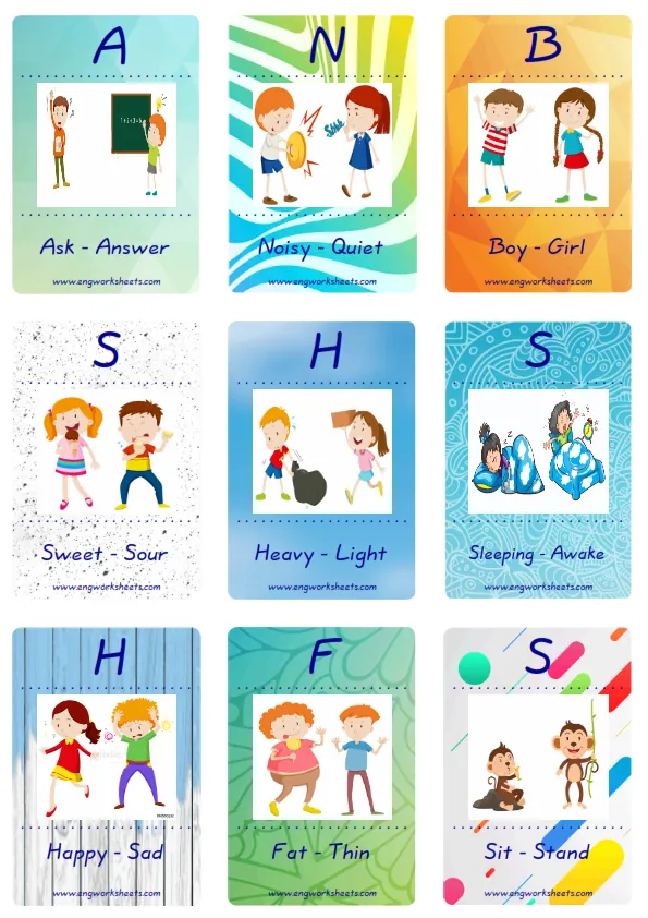 Mini size enjoyable ESL Flashcard Opposites for kids and teachers.