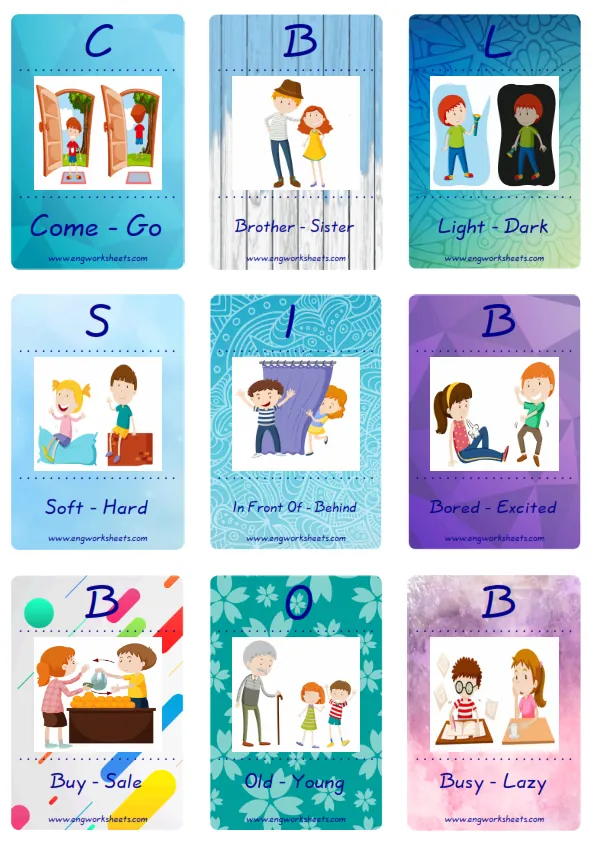 Mini size enjoyable ESL Flashcard Opposites for kids and teachers.
