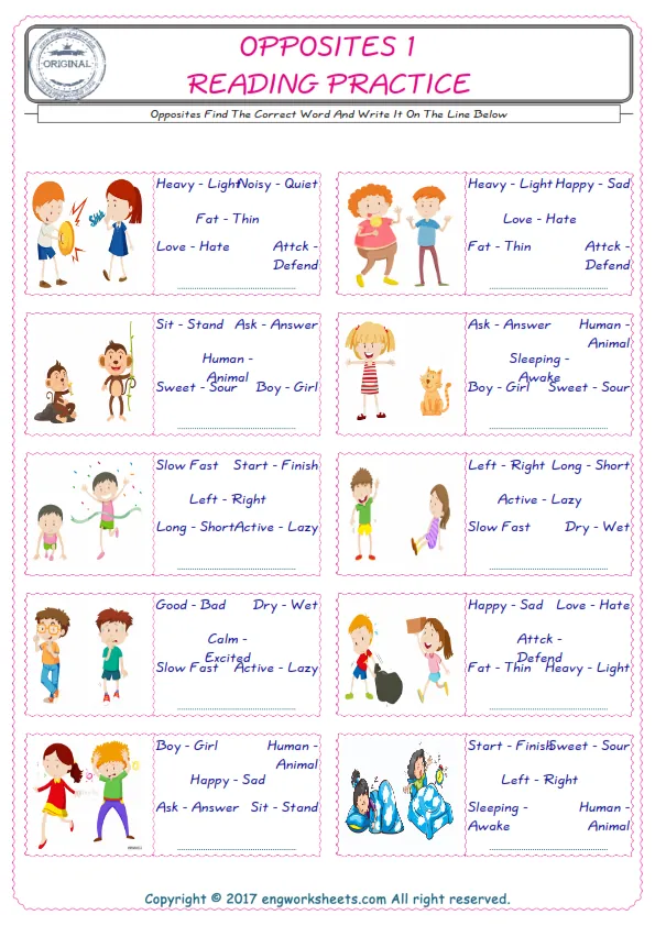 Check the picture of the Opposites for kids ESL worksheet for supplying the correct one among five words into the blank place.