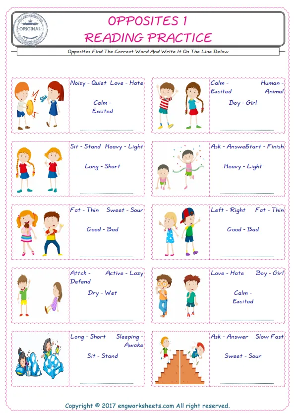 Check the picture of the Opposites for kids ESL worksheet for supplying the correct one among four words into the blank place.