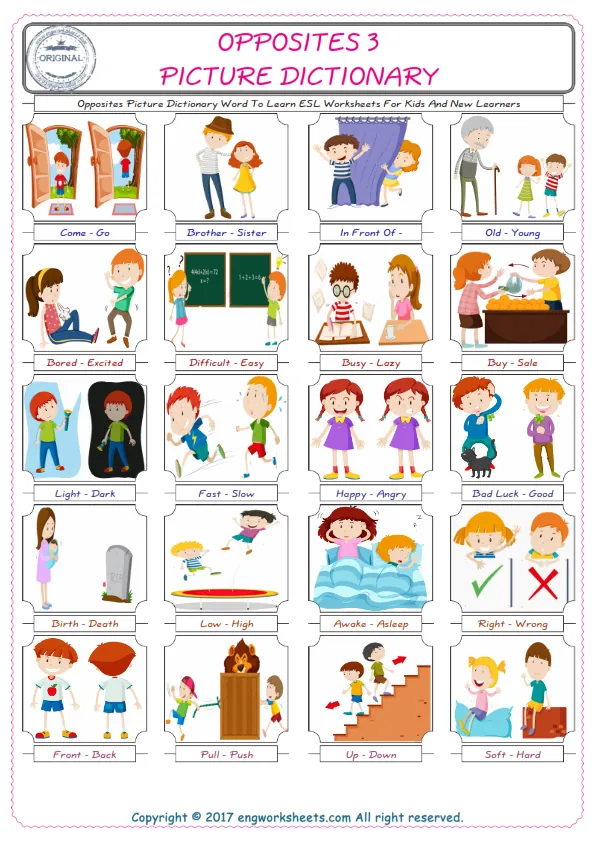 Opposites English Worksheet for Kids ESL Printable Picture Dictionary