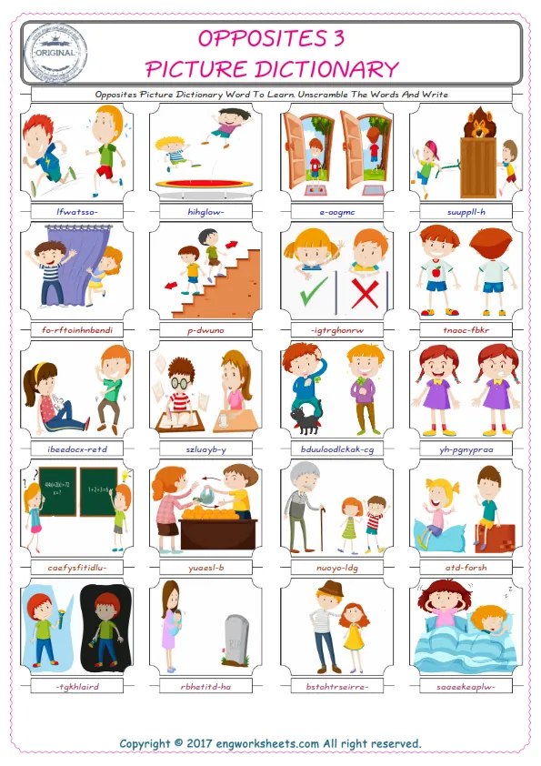 Opposites ESL Worksheets For kids, the exercise worksheet of finding the words given complexly and supplying the correct one.