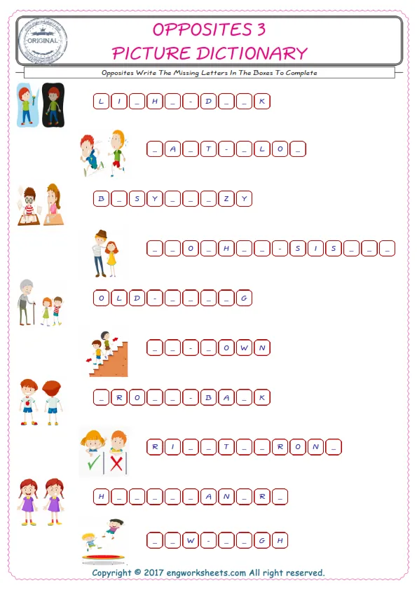 Type in the blank and learn the missing letters in the Opposites words given for kids English worksheet.