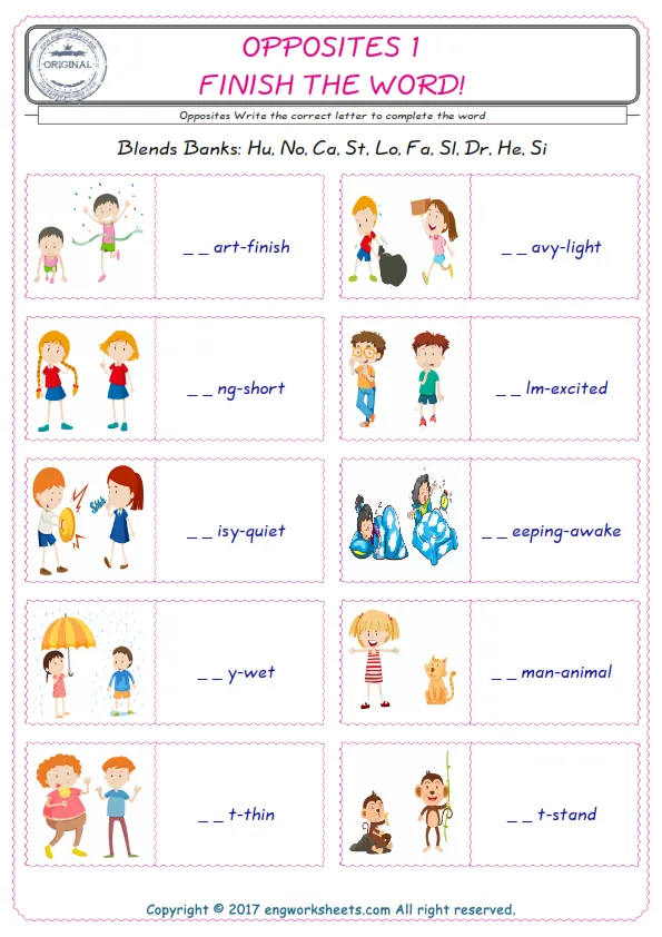 For kids, the Opposites English worksheet for supplying into the correct blank place given letters special to the Opposites Words.