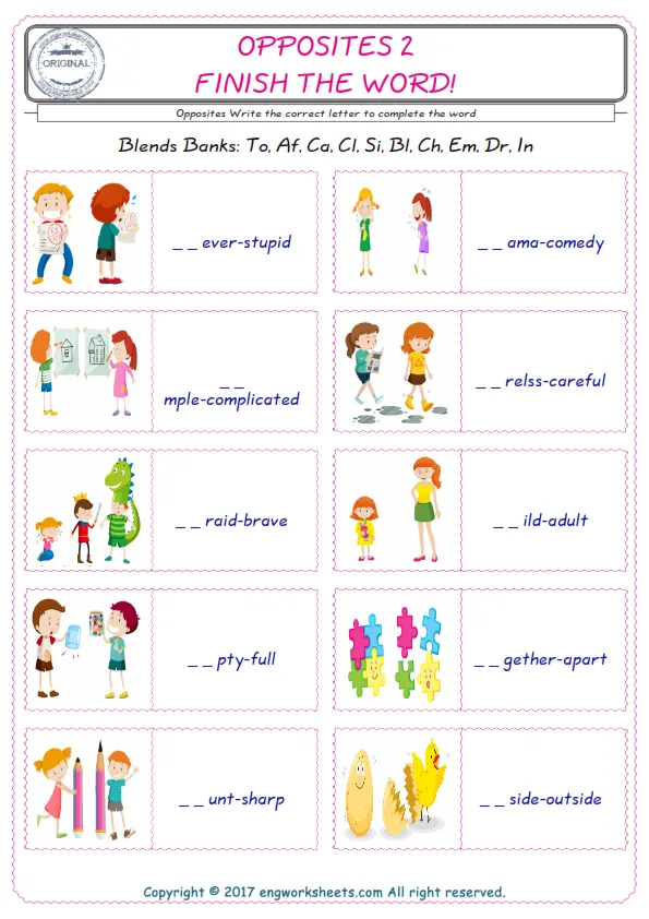 For kids, the Opposites English worksheet for supplying into the correct blank place given letters special to the Opposites Words.