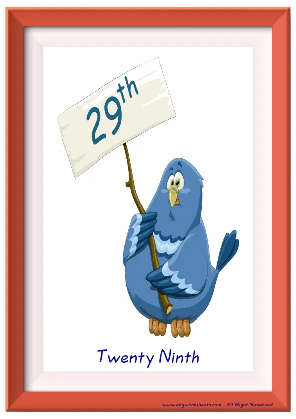 Full page ESL Flashcard together with words containing Ordinal Numbers picture for kids and teachers.