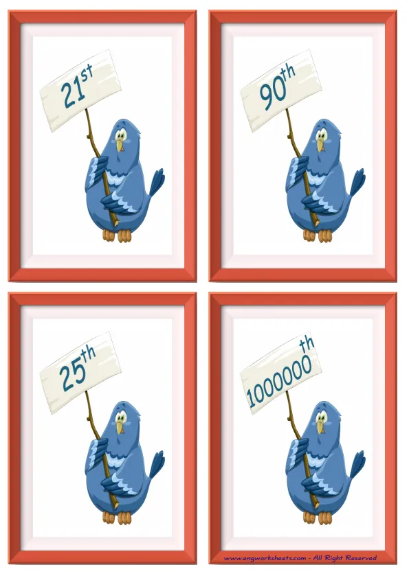 Quarter page ESL Flashcard without words containing Ordinal Numbers picture for kids and teachers.