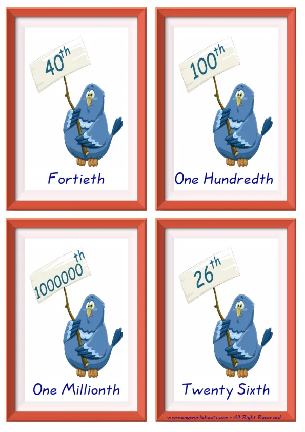 Quarter page ESL Flashcard together with words containing Ordinal Numbers picture for kids and teachers.