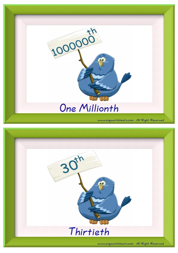 Half page ESL Flashcard together with words containing Ordinal Numbers picture for kids and teachers.