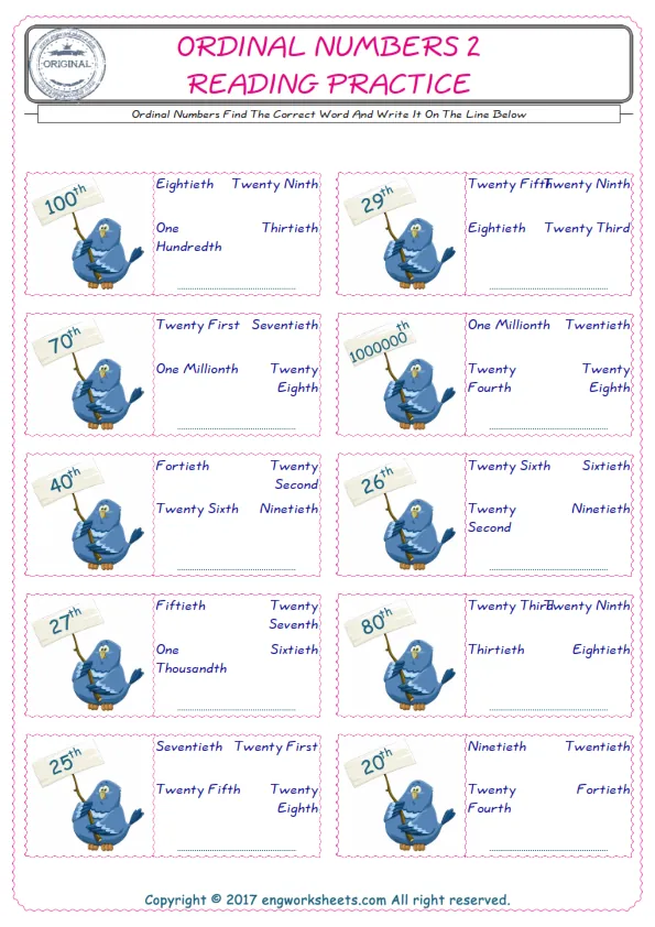 Check the picture of the Ordinal Numbers for kids ESL worksheet for supplying the correct one among three words into the blank place.