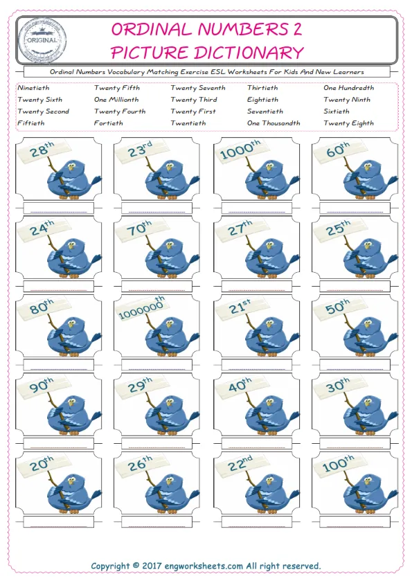 Ordinal Numbers for Kids ESL Word Matching English Exercise Worksheet.