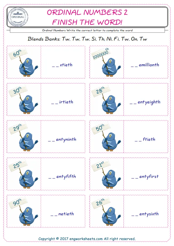 For kids, the Ordinal Numbers English worksheet for supplying into the correct blank place given letters special to the Ordinal Numbers Words.