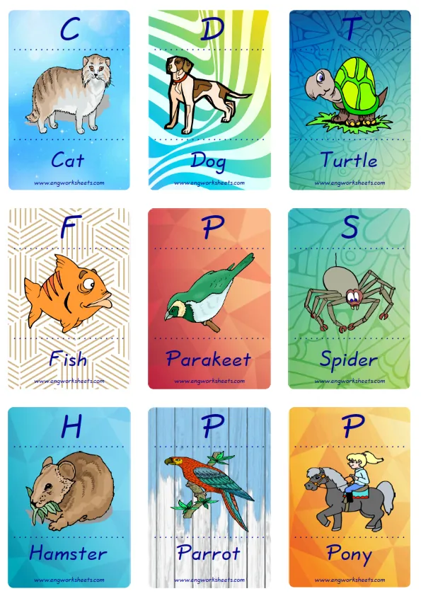 Mini size enjoyable ESL Flashcard Pets for kids and teachers.