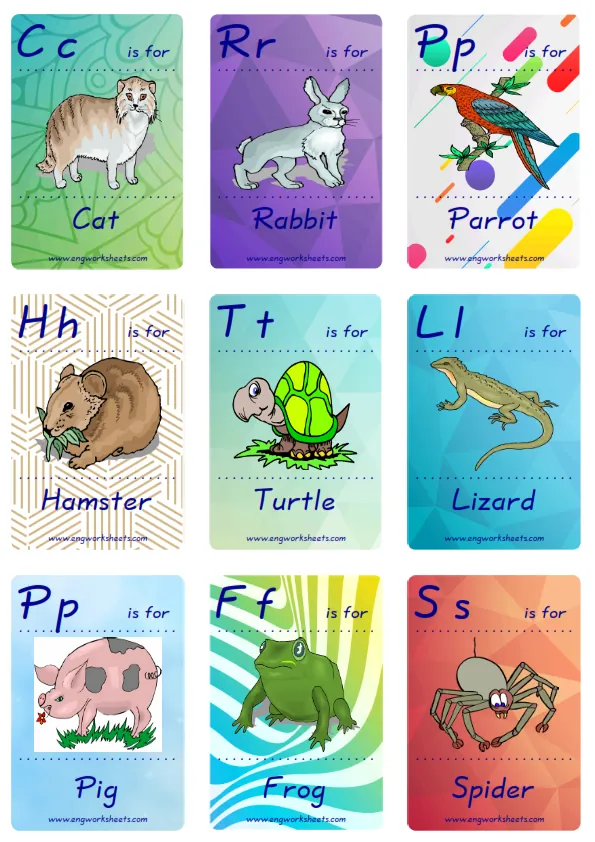Mini size ESL Flashcard Pets for kids and teachers.