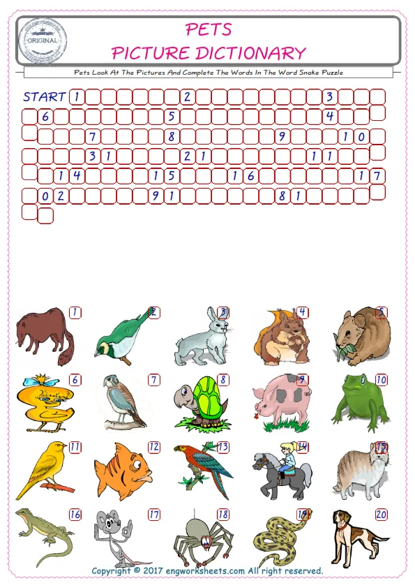 Check the Illustrations of Pets english worksheets for kids, and Supply the Missing Words in the Word Snake Puzzle ESL play.