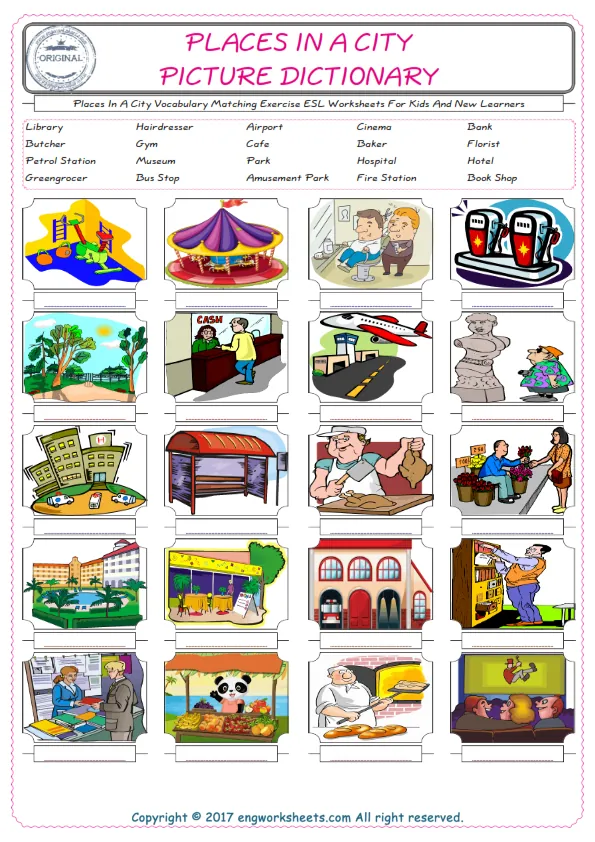 Places In A City for Kids ESL Word Matching English Exercise Worksheet.