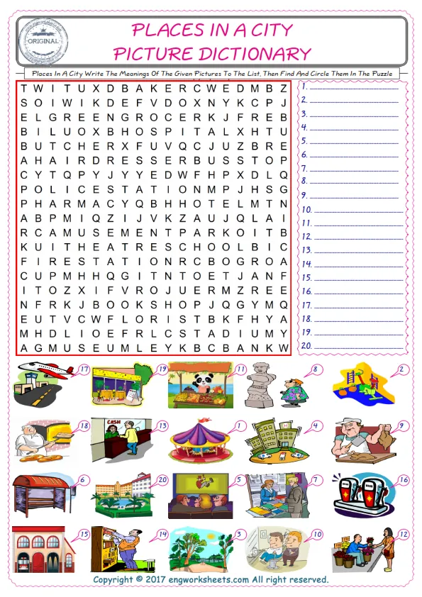 For kids, check the picture of Places In A City find, and write the word and find it in the word puzzle ESL printable worksheet.