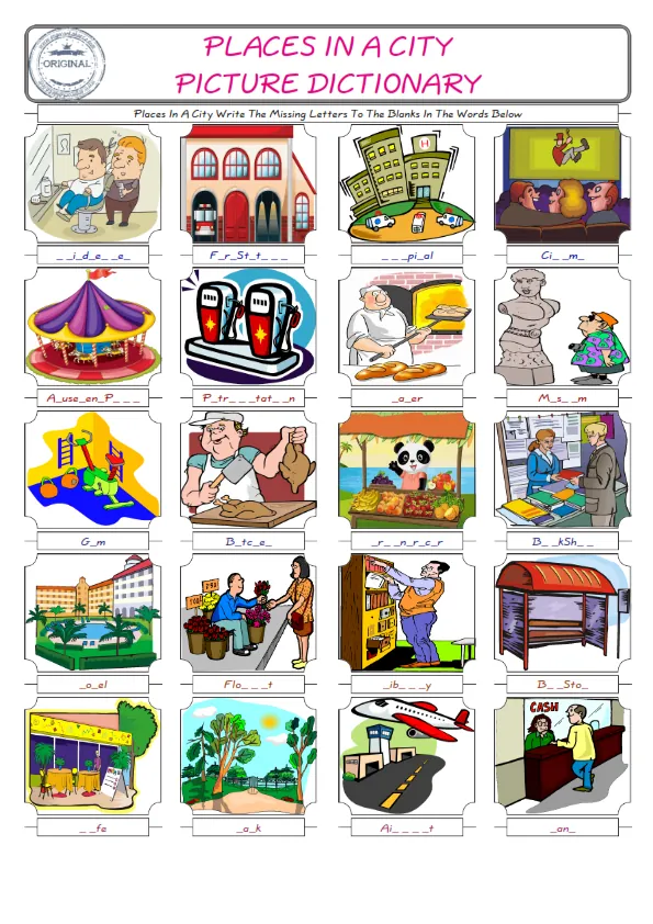 Places In A City Words English worksheets For kids, the ESL Worksheet for finding and typing the missing letters of Places In A City Words