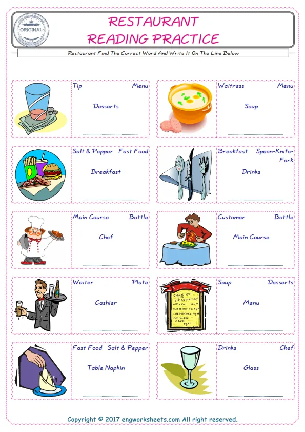 Check the picture of the Restaurant for kids ESL worksheet for supplying the correct one among four words into the blank place.