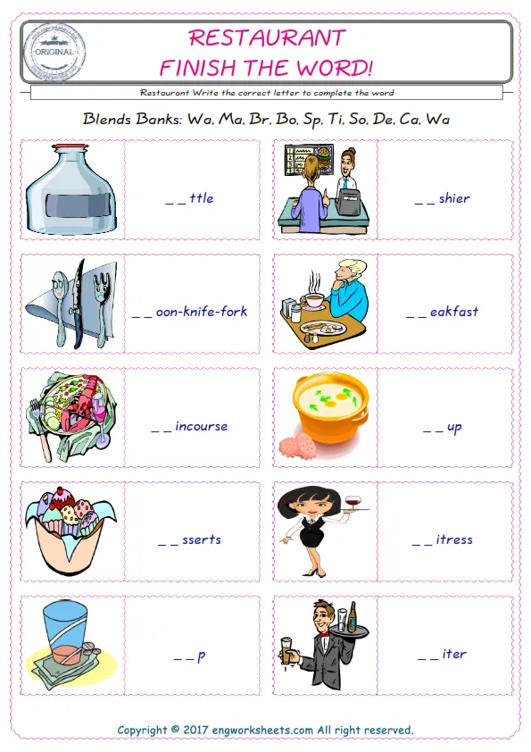 For kids, the Restaurant English worksheet for supplying into the correct blank place given letters special to the Restaurant Words.
