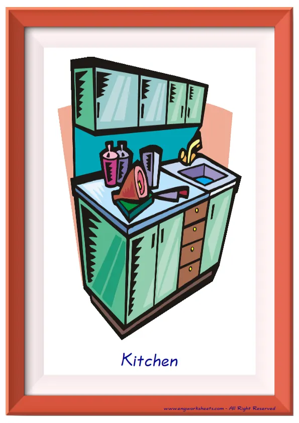 Full page ESL Flashcard together with words containing Rooms In The House picture for kids and teachers.