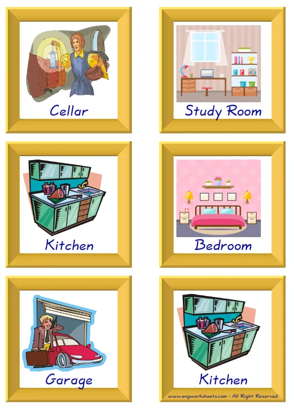 ESL Flashcard together with words containing Rooms In The House picture for kids and teachers.