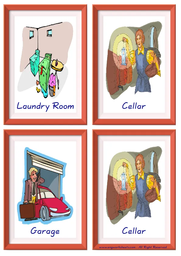 Quarter page ESL Flashcard together with words containing Rooms In The House picture for kids and teachers.