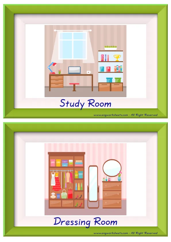 Half page ESL Flashcard together with words containing Rooms In The House picture for kids and teachers.