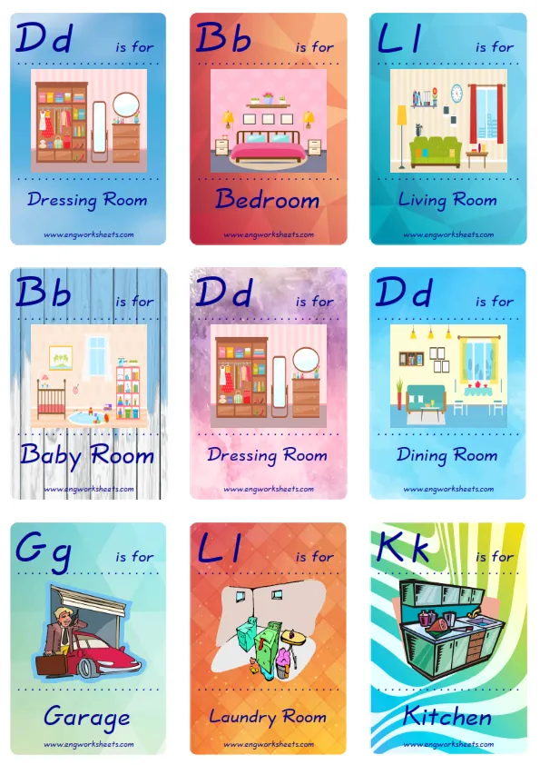 Mini size ESL Flashcard Rooms In The House for kids and teachers.