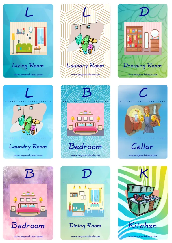 Mini size enjoyable ESL Flashcard Rooms In The House for kids and teachers.
