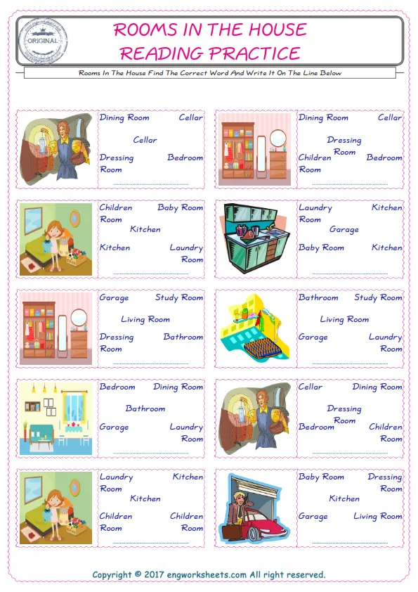 Check the picture of the Rooms In The House for kids ESL worksheet for supplying the correct one among five words into the blank place.