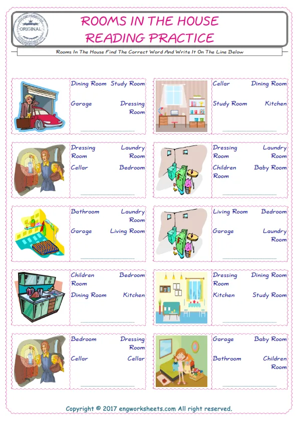 Check the picture of the Rooms In The House for kids ESL worksheet for supplying the correct one among three words into the blank place.