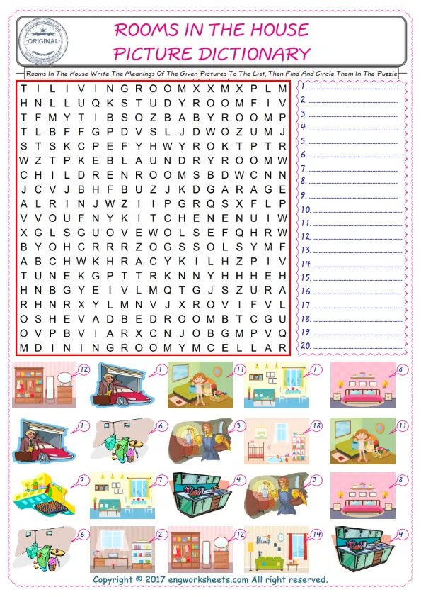 For kids, check the picture of Rooms In The House find, and write the word and find it in the word puzzle ESL printable worksheet.